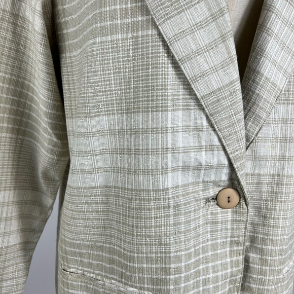 VINTAGE 90’s Neutral Plaid Linen Cotton Blend Womens Blazer Medium - Picture 3 of 8